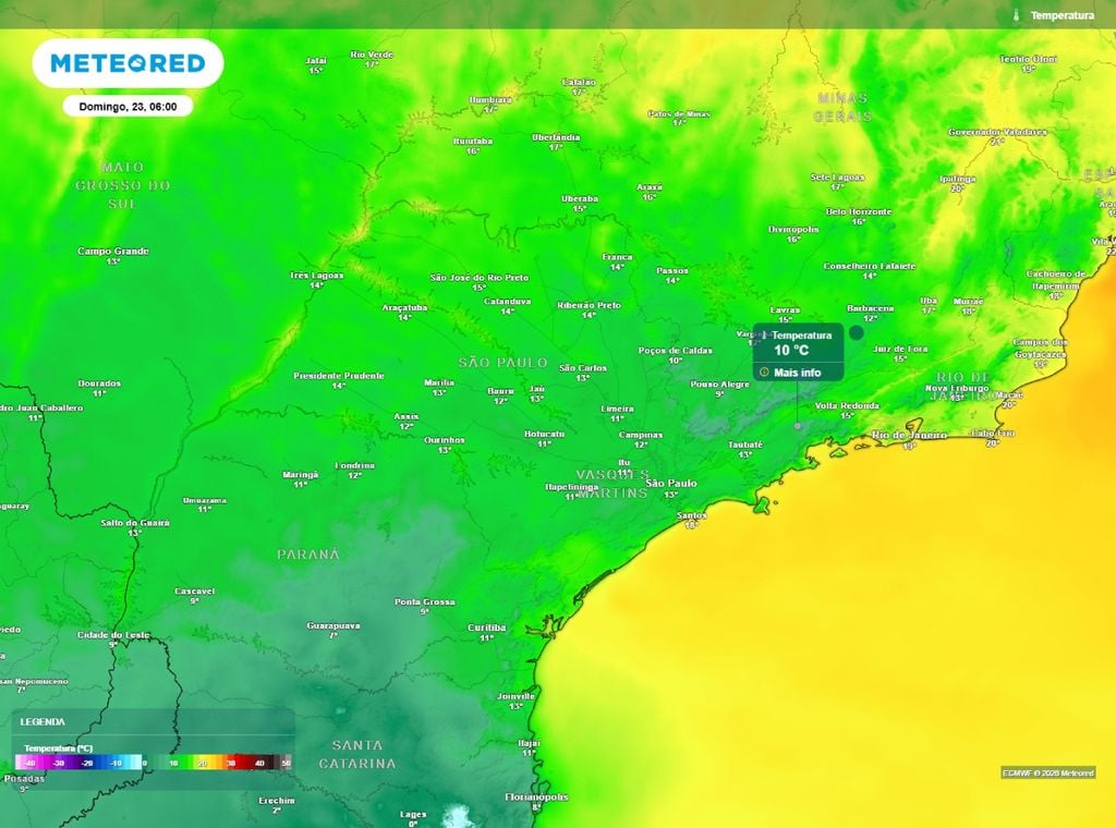 Previsão da temperatura mínima do ar (°C) para o domingo (23).