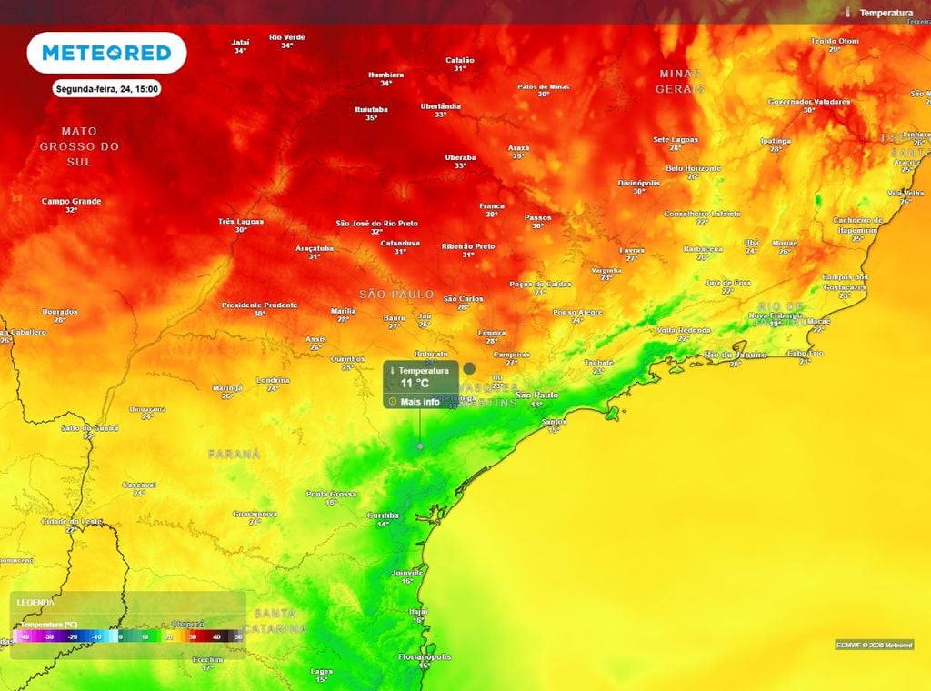 Previsão da temperatura máxima do ar (°C) para segunda-feira (24).