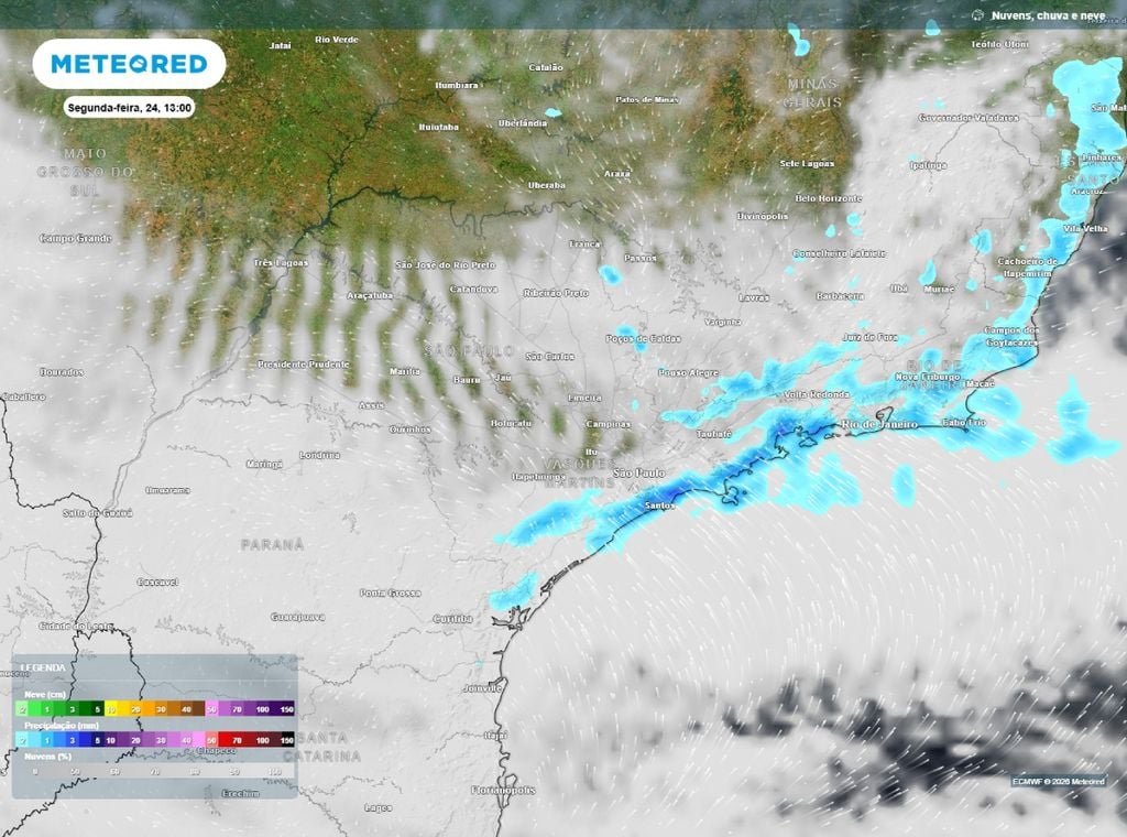 Previsão de precipitação (em mm) e nebulosidade para segunda-feira (24) às 13h, segundo o modelo europeu ECMWF.