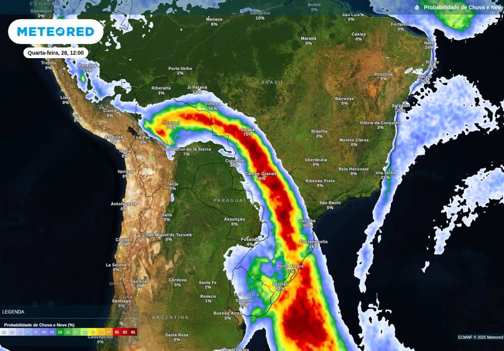 Probabilidade de chuva quarta-feira (28) indicando a chegada da frente fria na região Sudeste, de acordo com o modelo ECMWF.