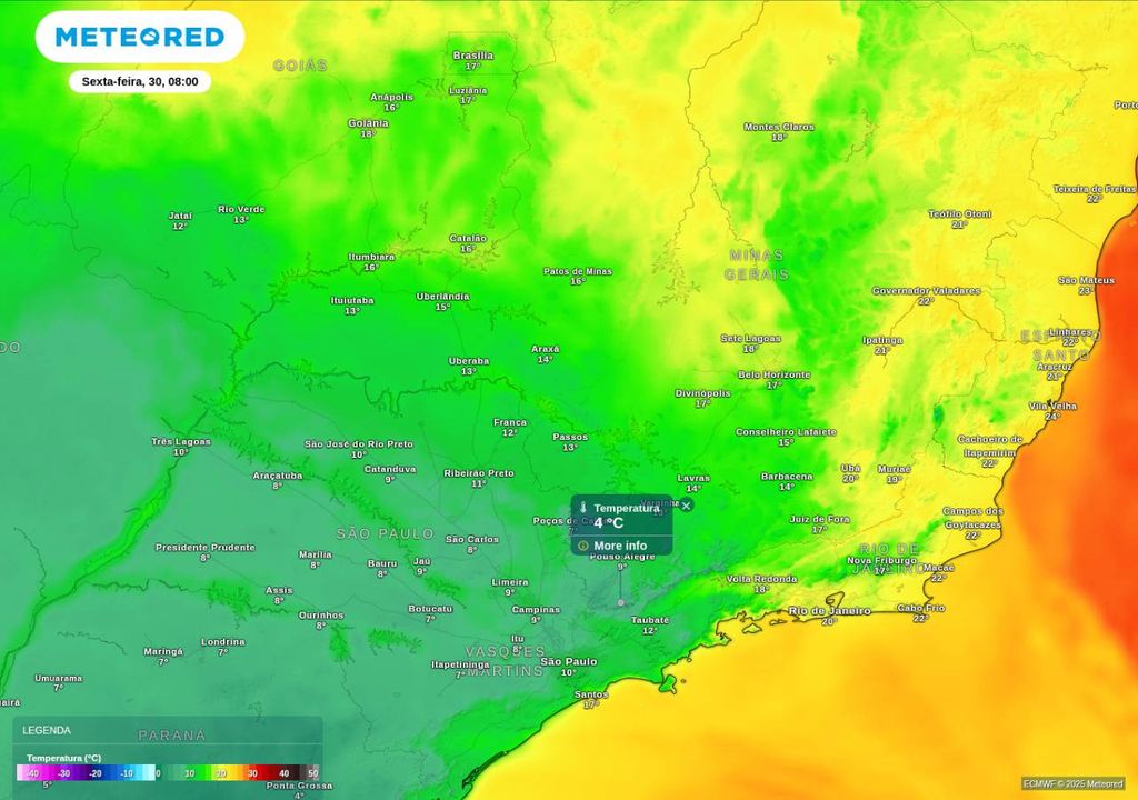 Previsão de temperatura mínima sexta-feira (30) de acordo com o ECMWF.