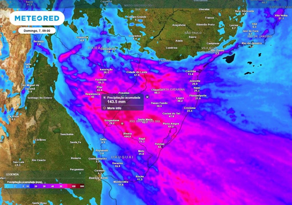 Previsão de acumulados totais de chuva até o final do domingo.