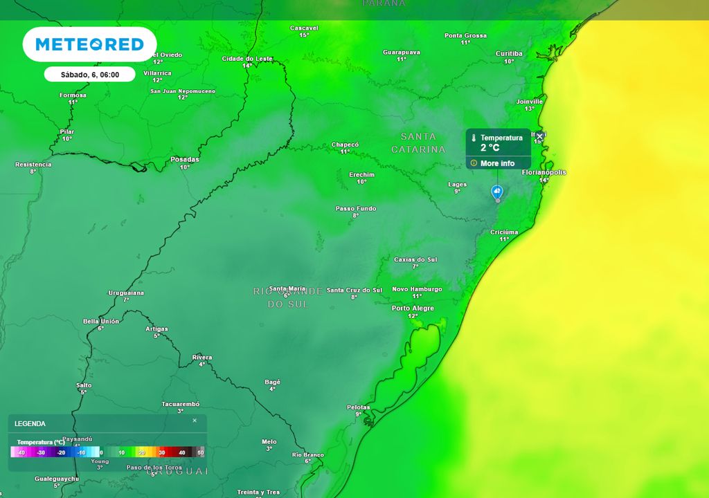 Previsão de temperaturas mínimas no sábado de madrugada.