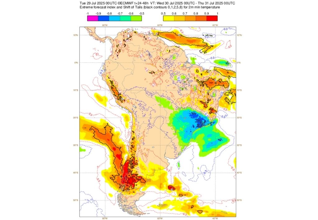 Previsão do EFI do ECMWF para temperatura mínima nesta quarta-feira (30). Créditos: ECMWF. Previsão do EFI do ECMWF para temperatura mínima nesta quarta-feira (30). Créditos: ECMWF.
