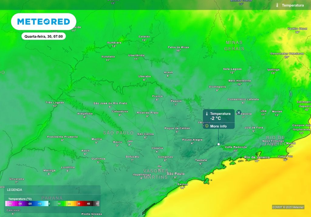 Previsão de temperatura mínima nesta quarta-feira (30), de acordo com o ECMWF. Previsão de temperatura mínima nesta quarta-feira (30), de acordo com o ECMWF.
