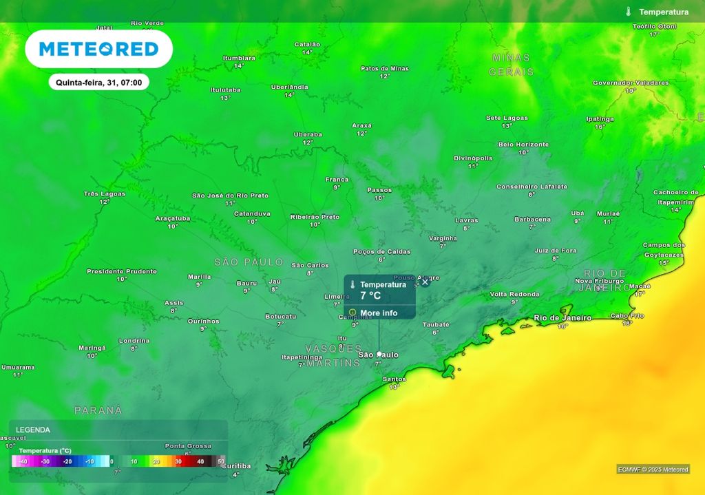 Previsão de temperatura mínima nesta quinta-feira (31), de acordo com o ECMWF. Previsão de temperatura mínima nesta quinta-feira (31), de acordo com o ECMWF.