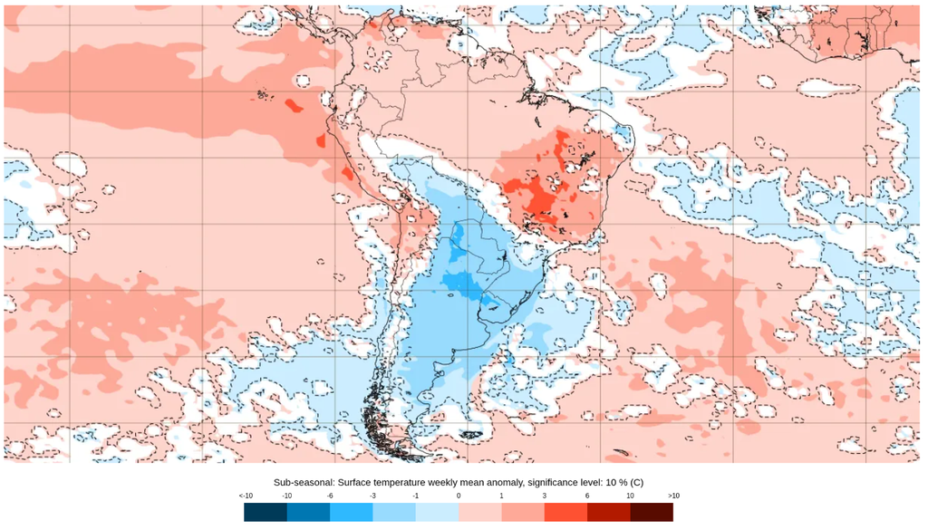 Previsão de anomalia semanal de temperatura (°C) para os dias 11 a 18 de maio. Créditos: ECMWF.
