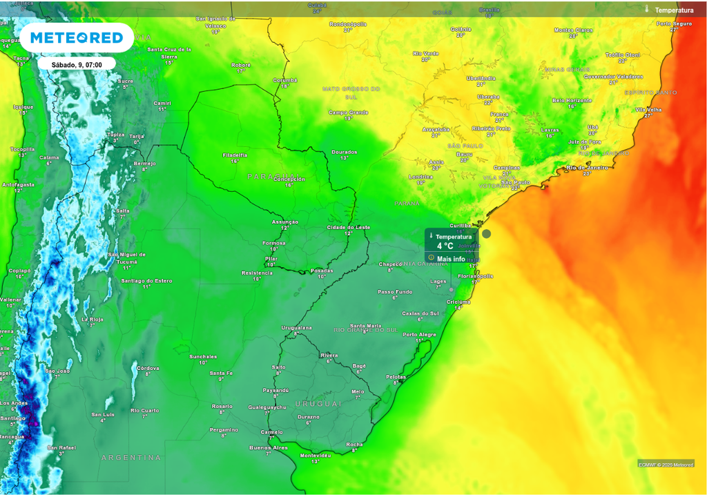 Previsão de temperatura mínima neste sábado (9), segundo o ECMWF.