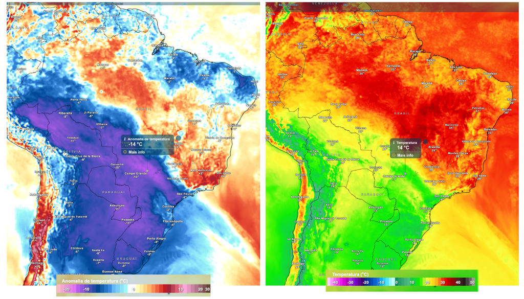 Previsão de anomalia de temperatura (esquerda) e temperatura (direita) na tarde de domingo (10), segundo o ECMWF.