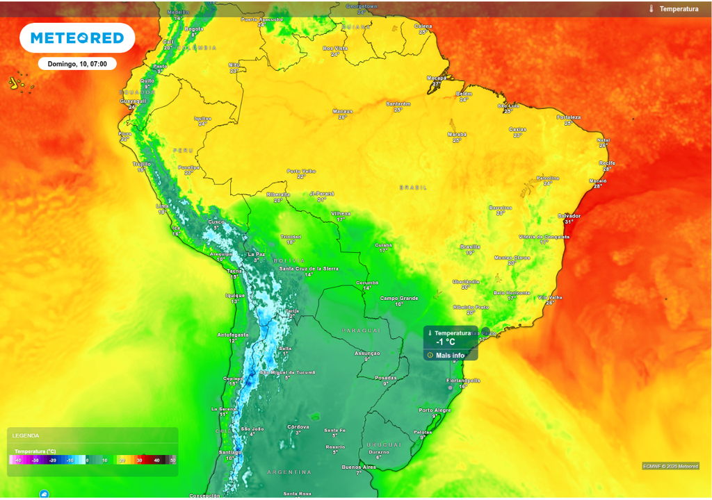 Previsão de temperatura mínima para segunda-feira (11), segundo o ECMWF.