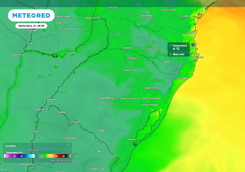 Previsão de temperaturas mínimas na sexta-feira mostra que alguns pontos da Serra Gaúcha e da Serra Catarinense já podem registrar geadas pontuais durante esta noite, com 4°C ou menos.