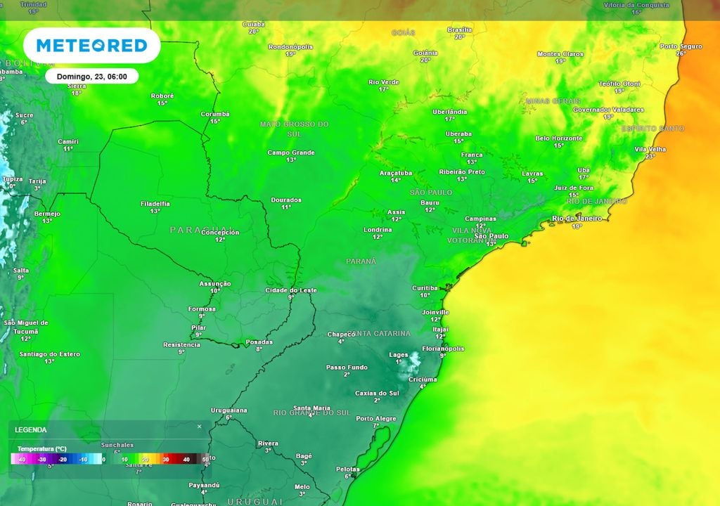 Previsão de temperaturas mínimas no domingo mostra temperaturas negativas na região serrana de RS e SC e uma queda significativa de temperaturas na região Sudeste e Centro-Oeste.