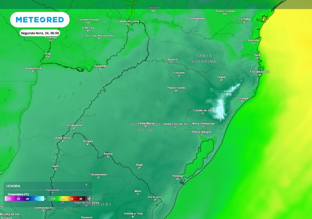 Previsão de temperaturas mínimas na segunda-feira mostra que haverá novamente possibilidade de temperaturas negativas e geadas fortes e abrangentes nas serras do RS e de SC.