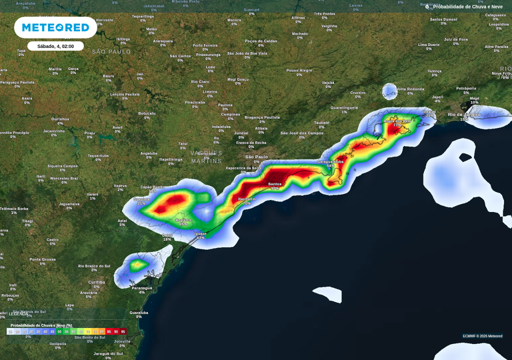 Previsão de probabilidade de chuva neste sábado (4), segundo o ECMWF. Previsão de probabilidade de chuva neste sábado (4), segundo o ECMWF.
