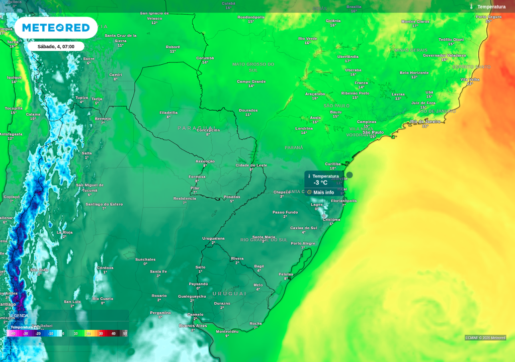 Previsão de temperatura mínima sábado (4), segundo o ECMWF. Previsão de temperatura mínima sábado (4), segundo o ECMWF.