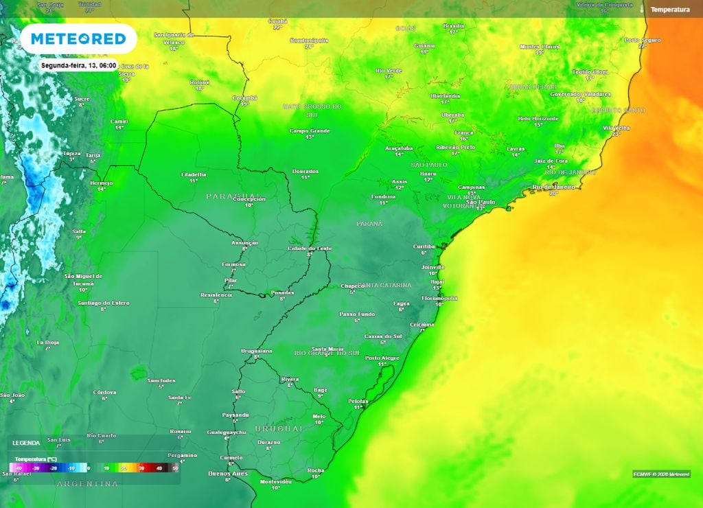 frio Previsão de temperatura para o início da manhã da segunda-feira, 13 de julho.