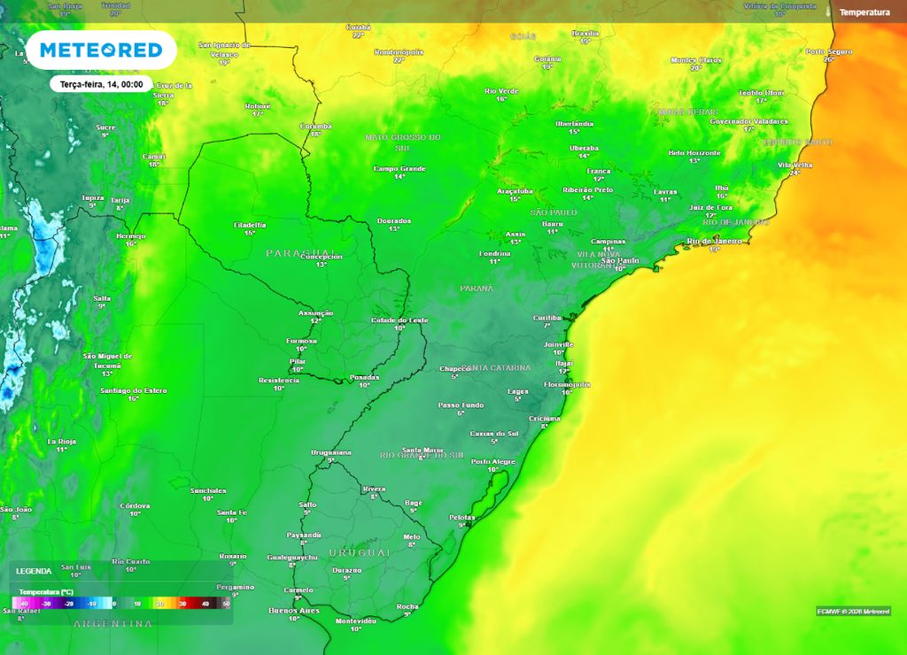 frio; temperaturas mínimas Previsão de temperatura para o fim da noite da segunda-feira, 13 de julho.