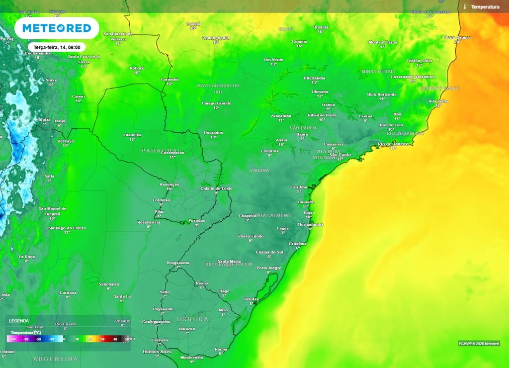 frio intenso Previsão de temperatura para o início da manhã da terça-feira, 14 de julho.
