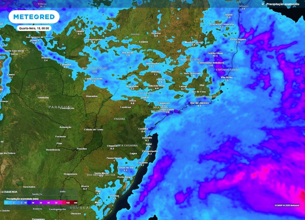 previsão do tempo Previsão do acumulado de chuva até a terça-feira, 14 de julho.