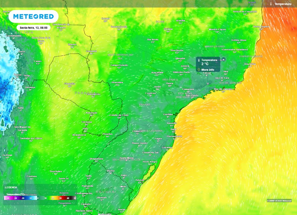Temperatura mínima prevista na manhã de sexta-feira (13). Temperatura mínima prevista na manhã de sexta-feira (13).