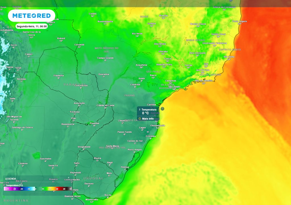 Previsão de temperaturas mínimas na segunda (11) mostra que a massa de ar frio fará temperaturas caírem para 0°C na região Sul. Alguns locais podem registrar temperaturas negativas.