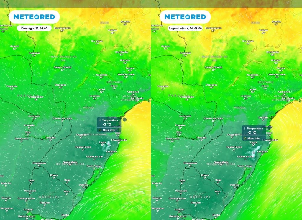 Temperatura mínima. Temperatura mínima prevista para o amanhecer de domingo (23) e segunda-feira (24) no Centro-Sul do Brasil.