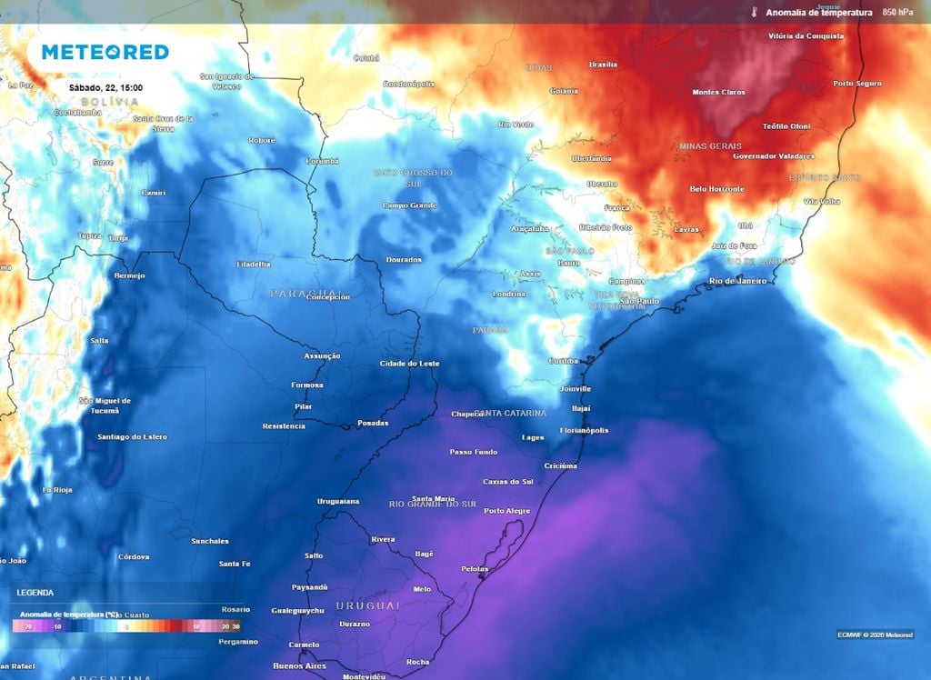 Anomalia de temperatura em 850 hPa. A previsão mostra o avanço do ar polar sobre áreas do Centro-Sul do país na tarde deste sábado (22), mantendo as temperaturas máximas inferiores aos 20°C no Sul do país.