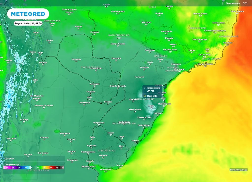 onda de frio; ar polar Temperaturas entre o fim da madrugada e o início da manhã da segunda-feira, 11 de maio.
