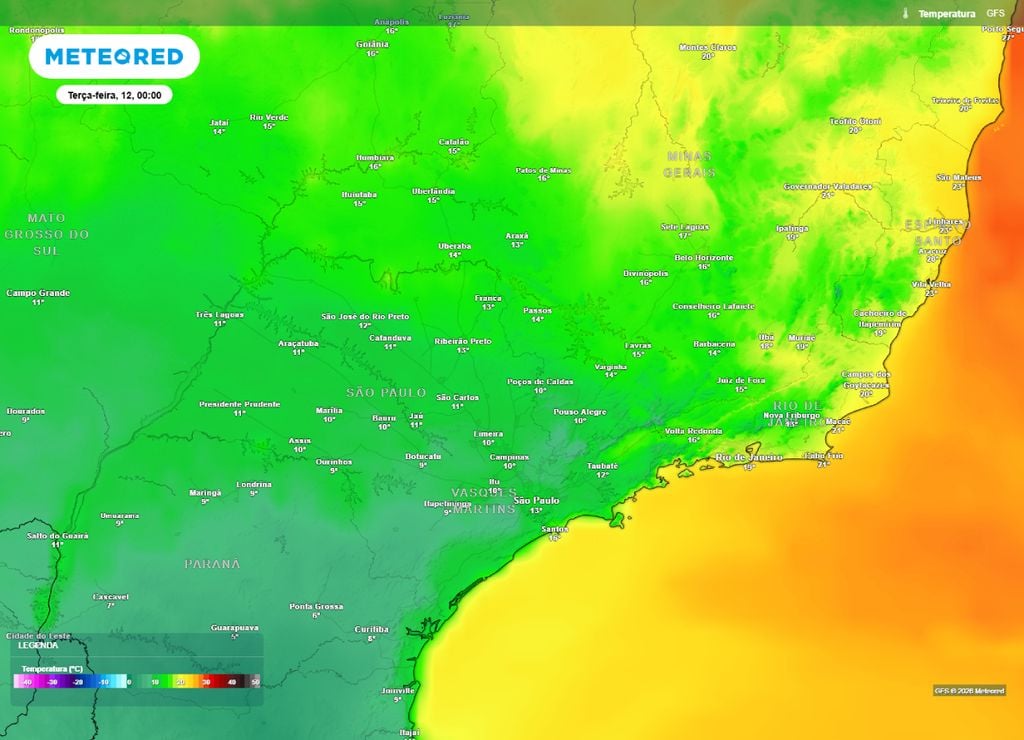 ar polar Temperaturas no fim da noite da segunda-feira, 11 de maio. Estás são as mínimas para o leste de São Paulo, Rio de Janeiro, Espírito Santo e sul de Minas Gerais.