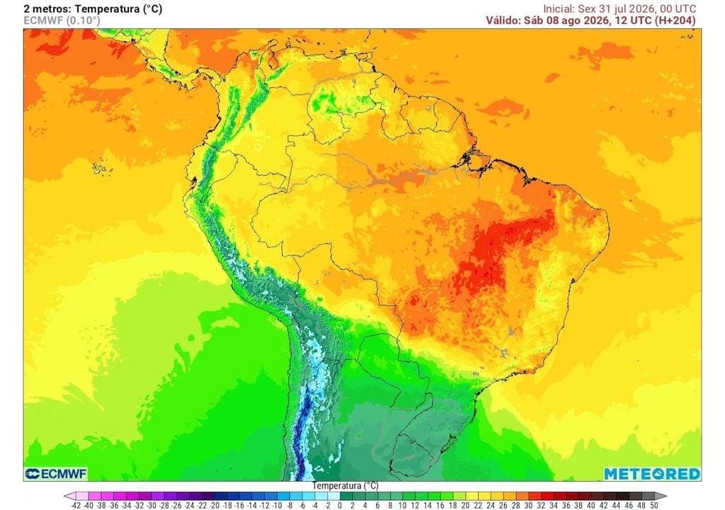 Previsão de temperaturas no sábado às 9h da manhã mostra uma massa de ar frio fazendo as temperaturas caírem para valores abaixo de 10°C no RS, em SC e no sul do PR durante a manhã.