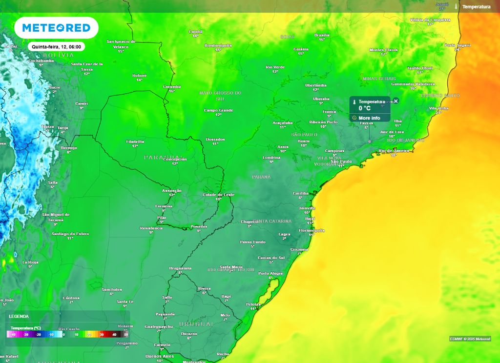 Temperatura mínima prevista para o centro-sul do Brasil na manhã de quinta-feira (12). Temperatura mínima prevista para o centro-sul do Brasil na manhã de quinta-feira (12).