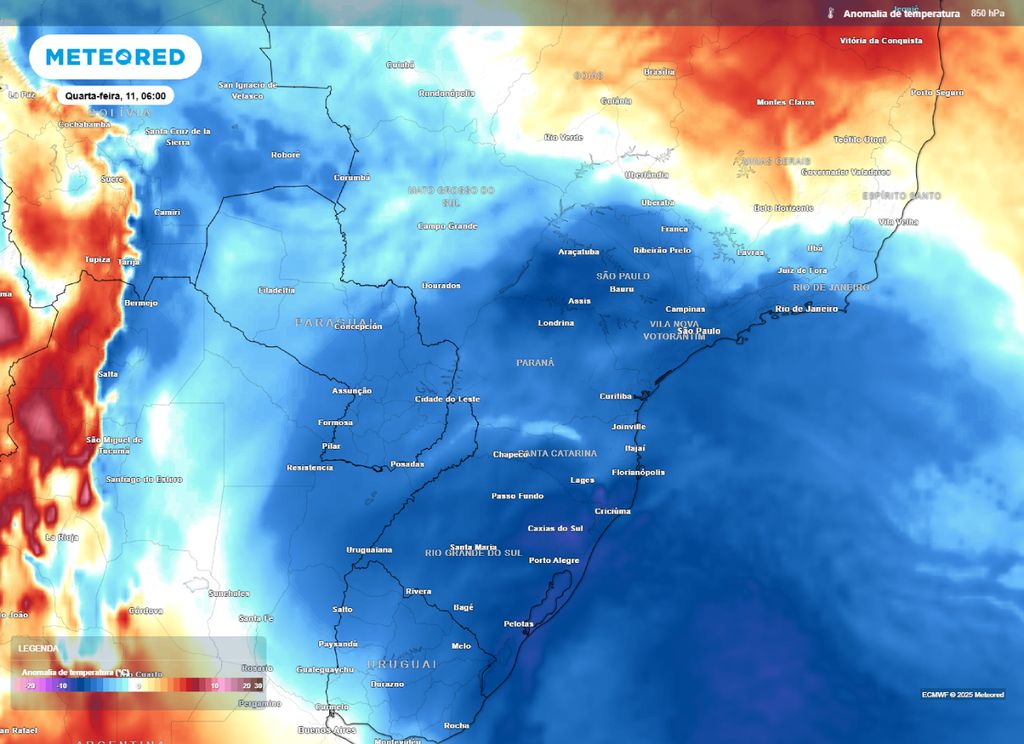 Mapa de anomalia de temperatura em 850 hPa para o quarta-feira (11), segundo o modelo ECMWF. Mapa de anomalia de temperatura em 850 hPa para o quarta-feira (11), segundo o modelo ECMWF.