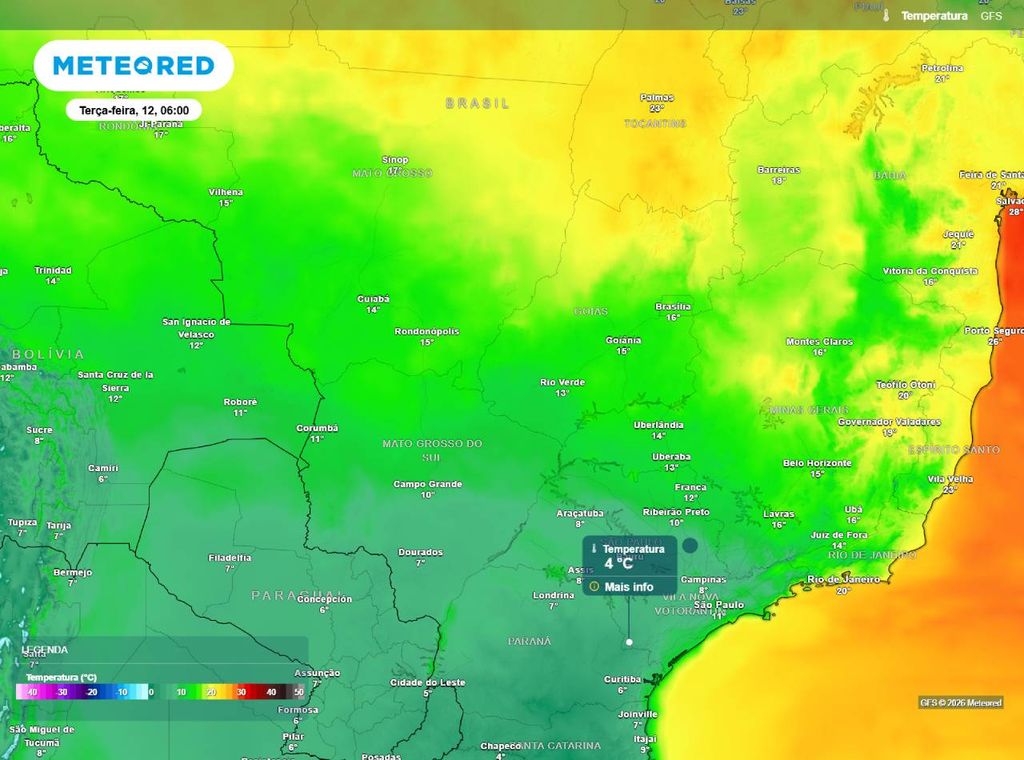 Temperatura prevista para as primeiras horas desta terça-feira (12) sobre áreas do Sudeste, Centro-Oeste e parte da Região Norte do Brasil.