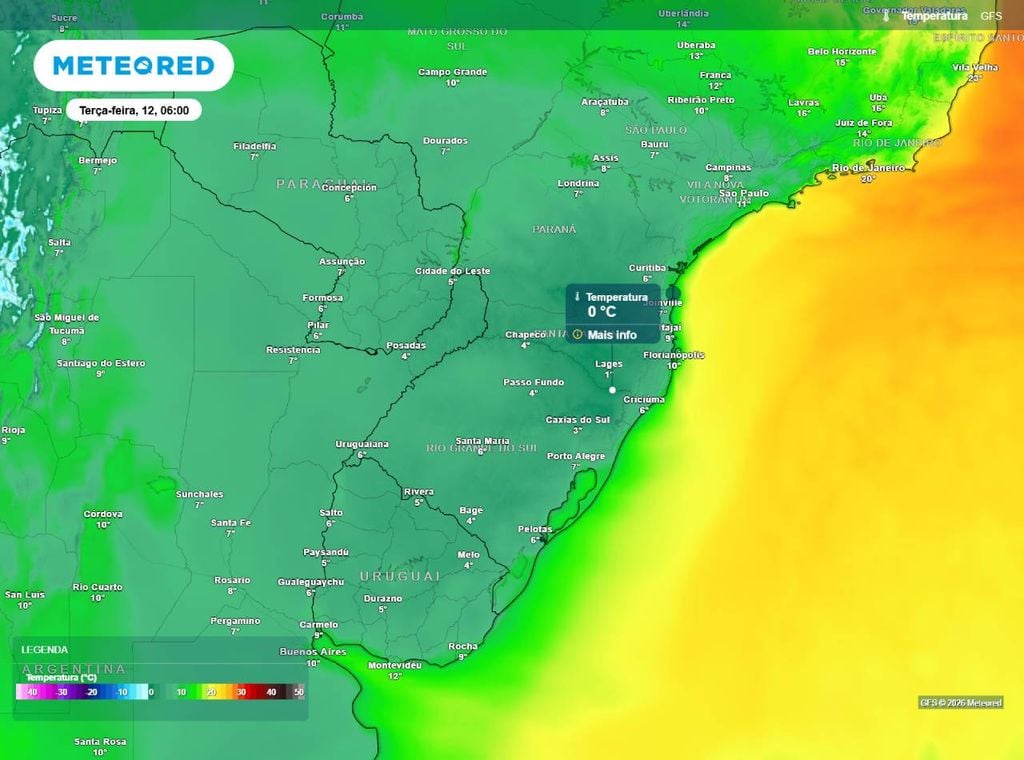 Temperatura prevista para o amanhecer da Região Sul nesta terça-feira (12).