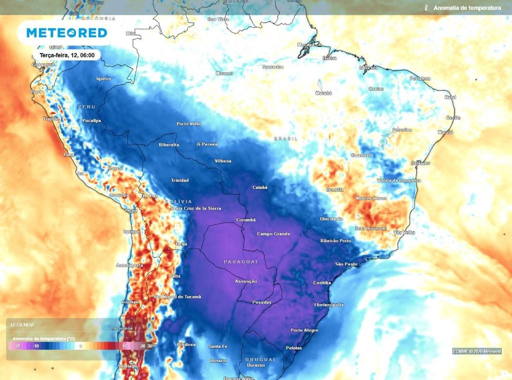 Anomalia de temperatura mostra valores abaixo da média de Norte a Sul do Brasil.