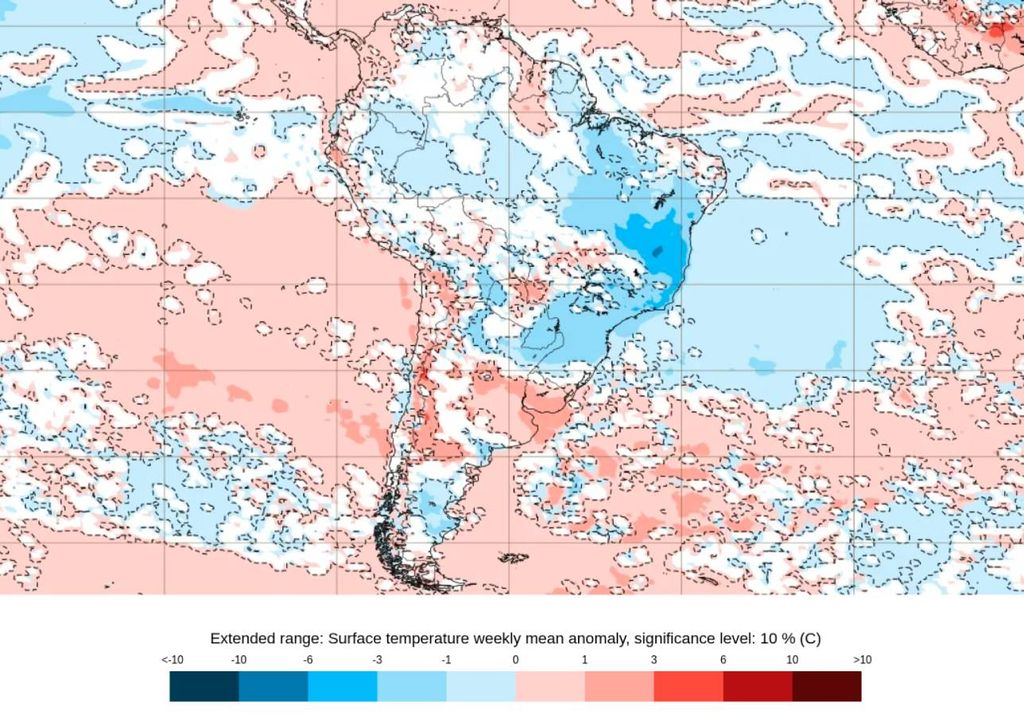 Previsão de anomalia semanal de temperatura de acordo com o modelo ECMWF. Créditos: Adaptado de ECMWF. Previsão de anomalia semanal de temperatura de acordo com o modelo ECMWF. Créditos: Adaptado de ECMWF.