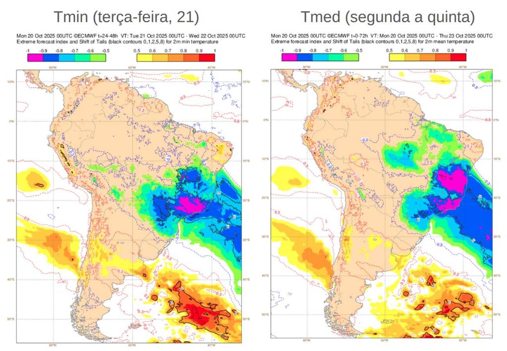 EFI do ECMWF para temperatura mínima terça-feira (21, à esquerda) e para temperatura média entre segunda (20) e quinta (23). Créditos: Adaptado de ECMWF. EFI do ECMWF para temperatura mínima terça-feira (21, à esquerda) e para temperatura média entre segunda (20) e quinta (23). Créditos: Adaptado de ECMWF.