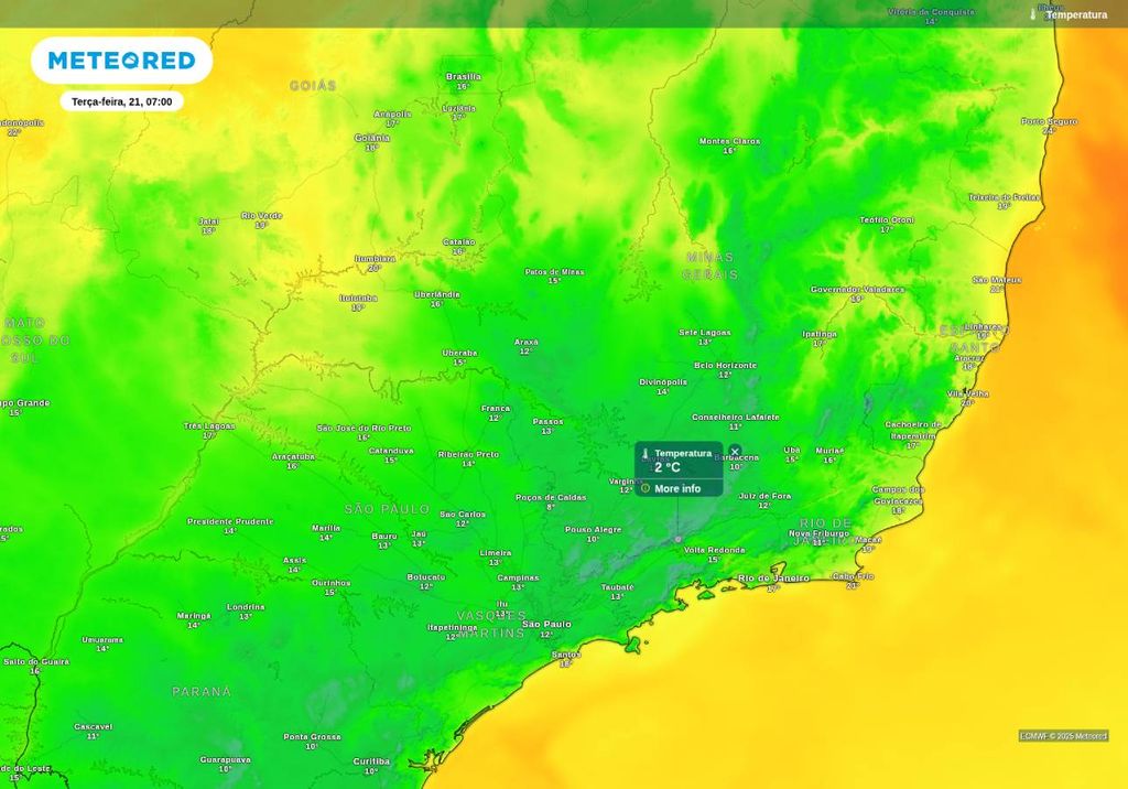 Previsão de temperatura mínima nesta terça-feira (21), de acordo com o ECMWF. Previsão de temperatura mínima nesta terça-feira (21), de acordo com o ECMWF.