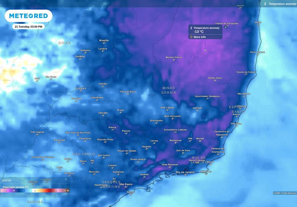 Previsão de anomalia de temperatura na tarde de terça-feira (21), de acordo com o ECMWF. Previsão de anomalia de temperatura na tarde de terça-feira (21), de acordo com o ECMWF.