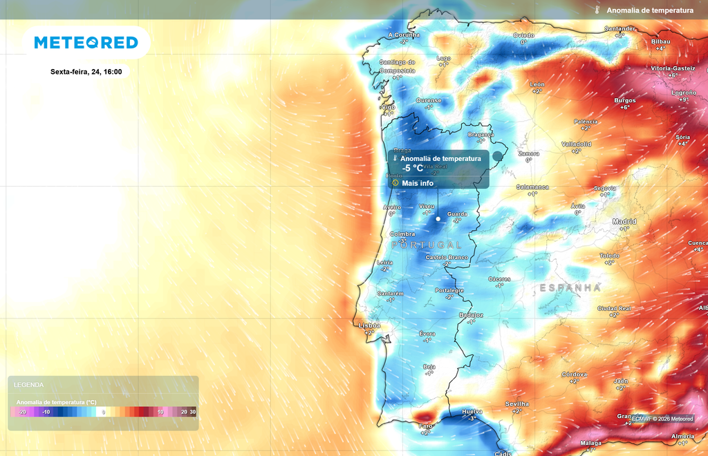 As exceções na sexta-feira, 24 de julho, serão algumas zonas da Área Metropolitana de Lisboa, onde se preveem anomalias térmicas positivas na ordem dos +2 ºC e boa parte do Sotavento Algarvio - Boliqueime, Quarteira, São Brás de Alportel, Loulé, Faro e Olhão, entre outras -, onde poderão variar entre +2 e + 7 ºC.