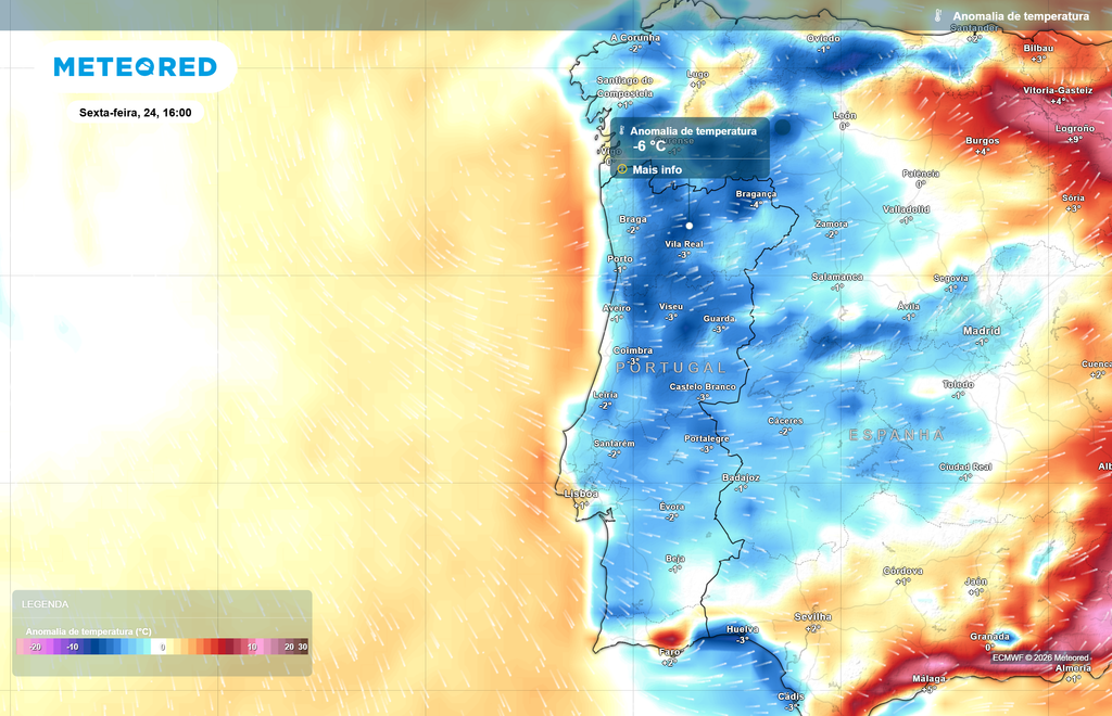 Sexta-feira (24) claramente mais fresca. As anomalias térmicas negativas serão geralmente suaves, mas algumas zonas do país poderão registar entre 4 e 6 ºC abaixo da média, o que já é significativo para a época do ano.