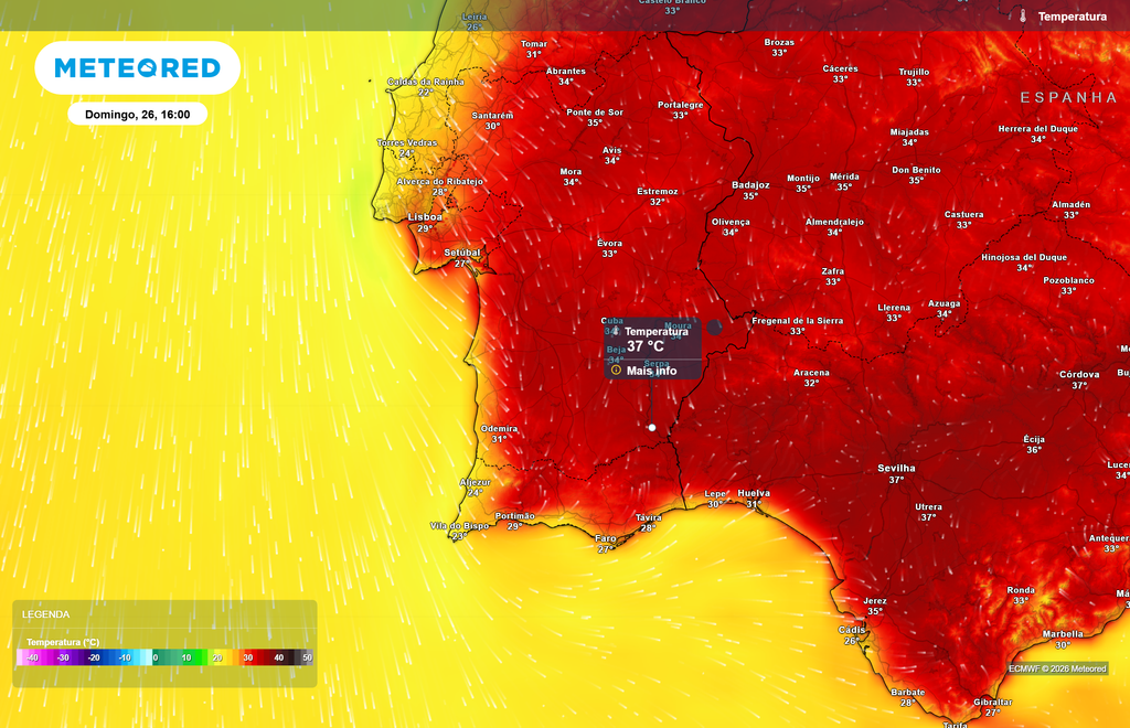 Prevê-se uma temperatura máxima de 37 ºC em localidades como Mértola e Alcoutim, ambas situadas no Sul de Portugal continental.