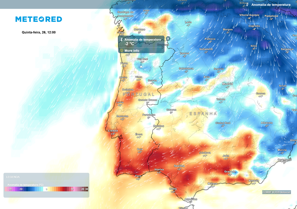Com a aproximação desta massa de ar polar, as anomalias térmicas negativas regressam ao interior Norte e Centro de Portugal Continental, com valores até 2 ºC abaixo da normal climatológica.