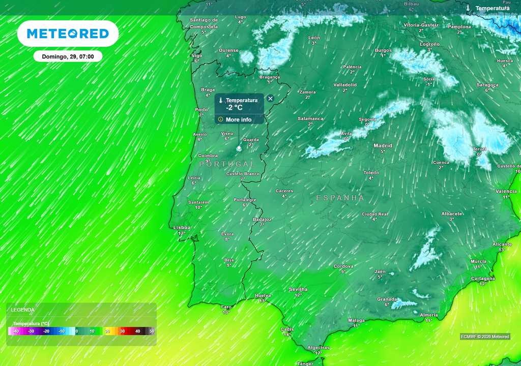 A madrugada do Domingo de Ramos contará com valores negativos nas cotas mais elevadas do Norte e Centro, esperando-se temperaturas até -2 ºC.