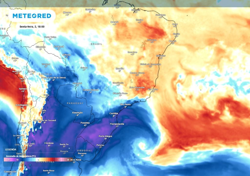 Previsão de anomalias de temperatura em 850 hPa na tarde de sexta-feira mostra que a massa avançará até a altura da região Norte, atingindo com muita intensidade o Sul e o Sudeste.
