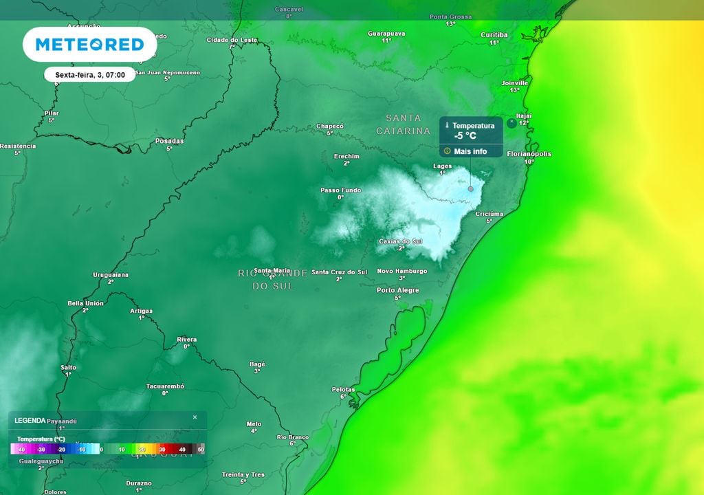 Previsão de temperaturas mínimas na sexta-feira durante o início da manhã mostra temperaturas negativas se formando em grande parte do Rio Grande do Sul e de Santa Catarina.