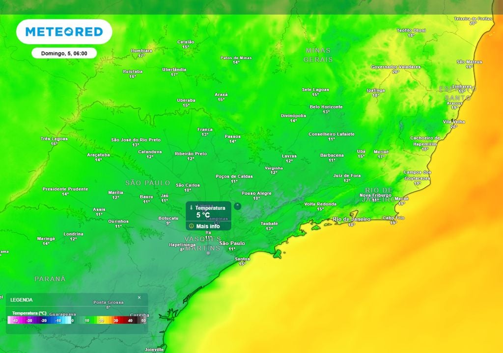 Previsão de temperaturas mínimas no domingo durante o início da manhã mostra que uma grande parte do Sudeste registrará temperaturas abaixo dos 10°C, originando geadas pontuais.
