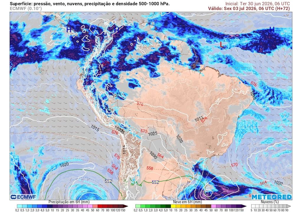 Previsão de pressão, vento, nuvens, precipitação e isoterma (linha verde) mostra possibilidade de precipitação associada a baixas temperaturas atmosféricas, o que pode causar neve.