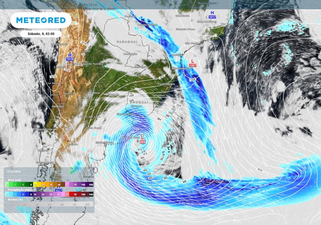Previsão de pressão, nebulosidade e chuva no sábado de madrugada mostra a presença de um possível ciclone-bomba no oceano Atlântico Sul, impulsionando uma frente fria no Brasil.