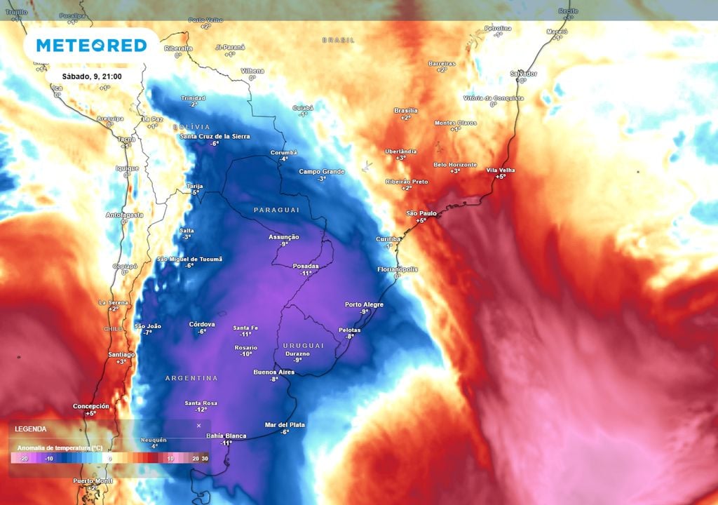 Previsão de anomalias de temperatura em 850 hPa ilustra avanço da massa de ar frio até o final do Sábado. O fenômeno será capaz de avançar ainda mais, afetando as temperaturas até no Norte.